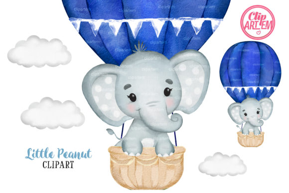 Blue Elephant Hot Air Balloon Watercolor Illustrations