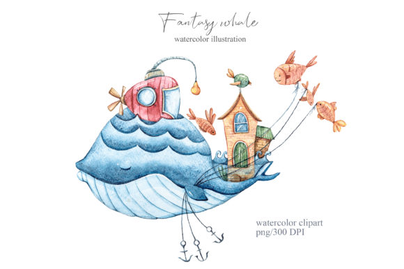 Watercolor Blue Whale Clipart - Illustrations