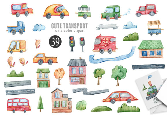 Watercolor Funny Cars Clipart. 39 Png
