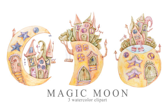 Watercolor Moon Phase House Clipart Set: A Delicate Touch for Brand Illustrations