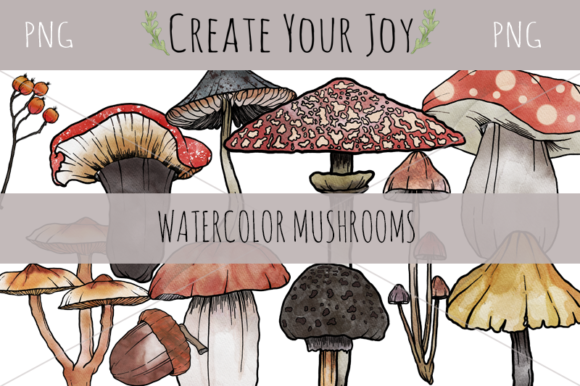 Watercolor Mushroom Bundle PNG: A Versatile Illustrations Asset for Creative Content