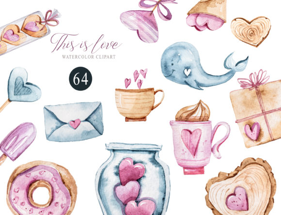 Watercolor Valentines Day Clipart Set and Illustrations
